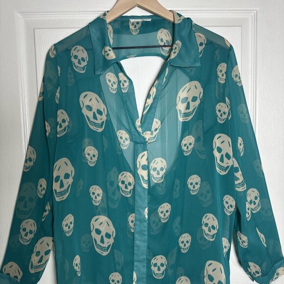 Honey Punch Large Skull Long Sleeve Teal Green Y2K Aria Top Office Halloween - Picture 3 of 11